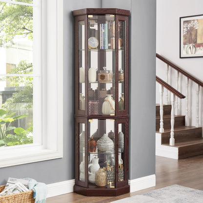 KEIKI 70" Corner Glass Display Cabinet with Adjustable Shelves, for Collectibles, Storage Curio Cabinet with Side-Hung Pane Doors, 5-Tier Showcase Display Case, Easy Assembly, for Living Room, Cherry