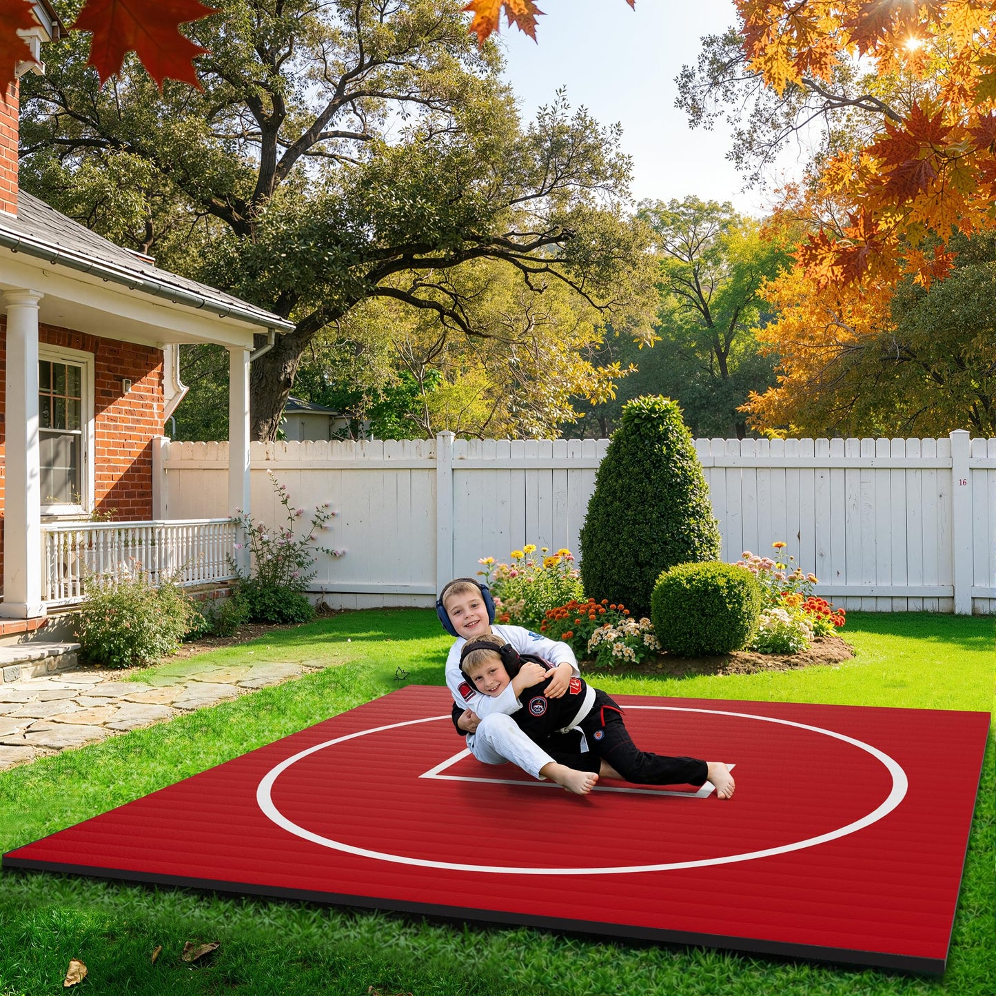 GianToucan Wrestling Mat for Home, ８’x ８’x 1.25” Grappling Mat for Wrestling, MMA, BJJ, Jiu Jitsu, Judo, Gym, Roll-Up Wrestling Practice Mat for Kids & Adults，Easy to Clean Indoor/Outdoor, Red