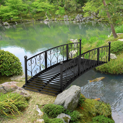 Outsunny 7' Metal Arch Garden Bridge with Safety Siderails, Decorative Arc Footbridge with Delicate Scrollwork S Motifs for Backyard Creek, Stream, Fish Pond, Black