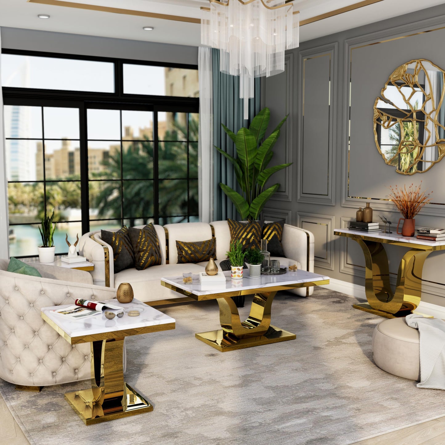 Anewsun Gold Console Table, White and Gold Living Room Sofa Table, 50" Rectangle Console Table for Entryway, Living Room, Office, Foyer, Front Hall, Hallway