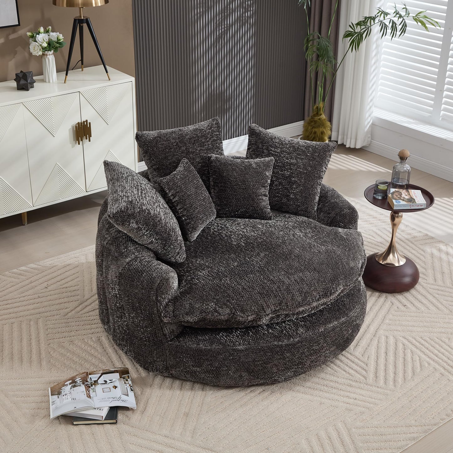 LITVZ Oversized Round Chaise Lounge Indoor, Comfy Round Boneless Sofa Chair with Extra Deep Seat, Cozy Memory Foam Cuddle Circle Couch and 5 Pillows for Reading Living Room