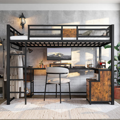 KEIKI Twin XL Loft Bed with L-Shaped Desk & Storage, Metal Frame with Ladder & Safety Rails, Space-Saving Industrial Loft Bed with Drawers for Teens, Adults, Black