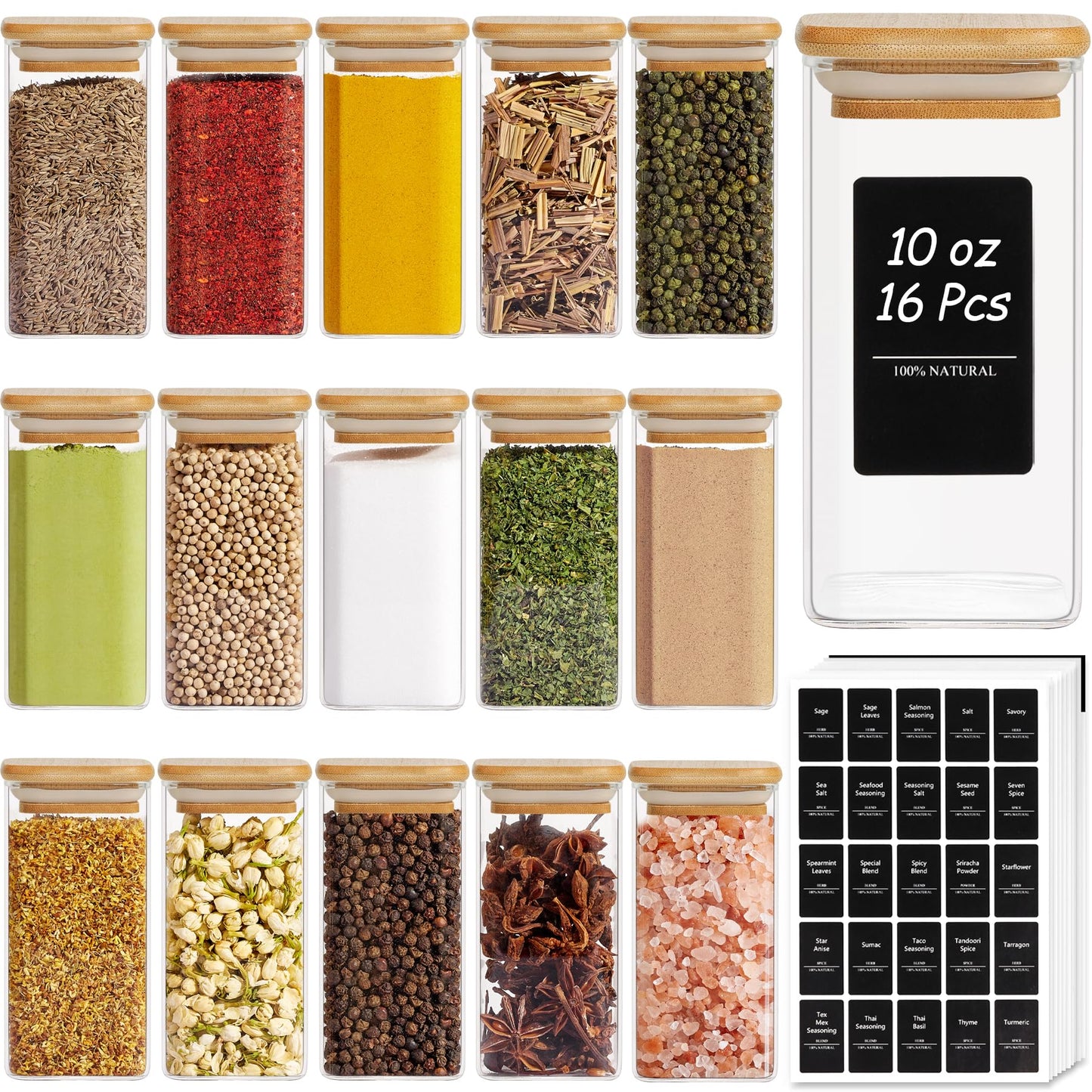 ComSaf 16Pcs Glass Spice Jars with Bamboo Lid, 4oz Airtight Square Spice Containers with 275 Black Lables, Empty Seasoning Jars for Spice Salt Sugar