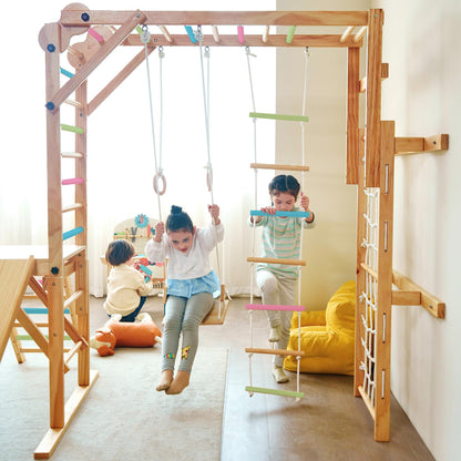 Avenlur Grove 8-in-1 Indoor Jungle Gym with Gymnastic Rings, Climbing Rope, Swing, Slide, Monkey Bars, Rope Wall Net, and Wooden and Rope Ladder - Jungle Play Set for Kids Ages 2-11 Years Old