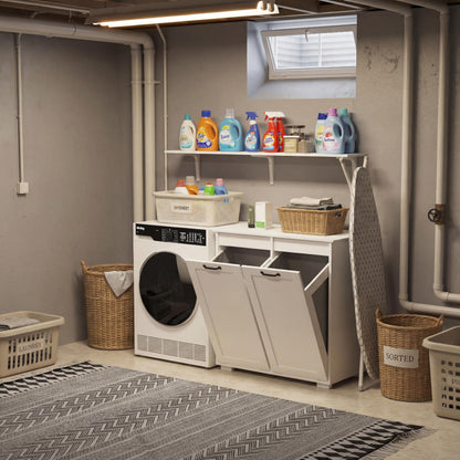 White Laundry Cabinet with 2 Removable Liner Bags, Particle Board and MDF, 31.5 x 15.75 x 30.31 Inches, Dual Compartment Hamper Sorter
