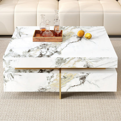 Merax 43.3 Inch Modern Large Square Coffee Table with Marble Textured Top, 4 Built-in Drawers Ample Storage and Floating Suspended Base, Modern Elegance White MDF Storage Center Table for Living Room