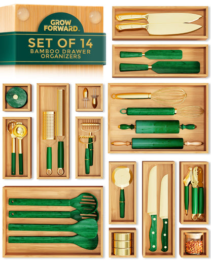 Grow Forward Bamboo Drawer Organizer Boxes - Set of 14 Wooden Drawer Organizers for Kitchen, Bathroom, Office, Desk, Vanity, Makeup - Non-Slip Junk Drawer Organizer Trays for Storage and Organization