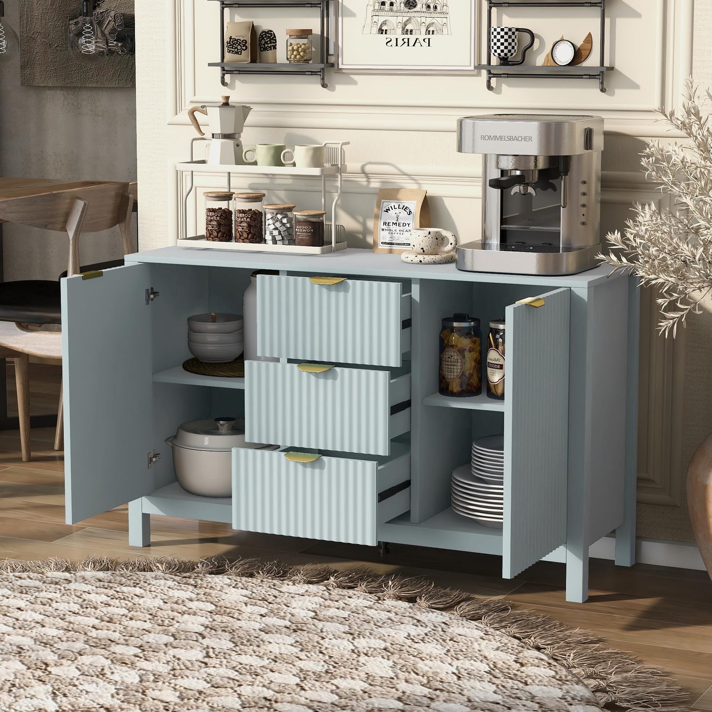 GDFStudio 47.2" Modern Buffet Cabinet with 3 Drawers & Adjustable Shelves, Wave Pattern Sideboard Cabinet with Doors, Coffee Bar Cabinet Credenza Storage Cabinet for Dining Room Living Room, Cyan