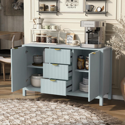 GDFStudio 47.2" Modern Buffet Cabinet with 3 Drawers & Adjustable Shelves, Wave Pattern Sideboard Cabinet with Doors, Coffee Bar Cabinet Credenza Storage Cabinet for Dining Room Living Room, Cyan