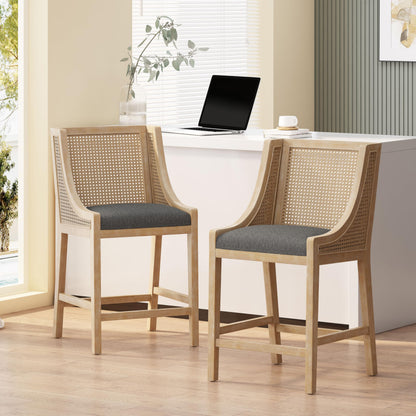 Merax 25.5" Fabric Upholstered Wood and Cane Counter Stools with Backrest,Set of 2,French Country Barstools Chair