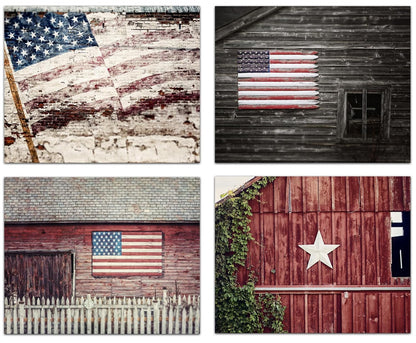 Rustic Farmhouse Decor - Patriotic Barns with American Flags - Set of 4 8x10” Prints - Americana USA Country Pictures