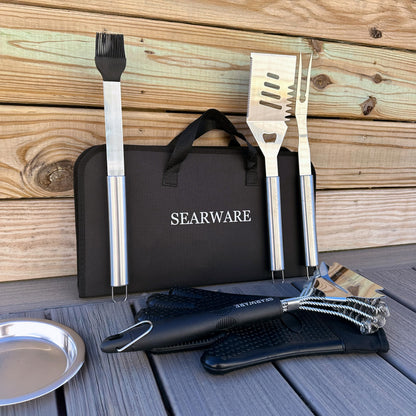 SEARWARE Barbecue Grill Tool Set - Stainless Steel - Strong Durable Design - Heat Resistant Glove & Bristle Free Grill Brush - Thermometer, Meat Injector, & Corn Skewers - Perfect For Smokers & Grills