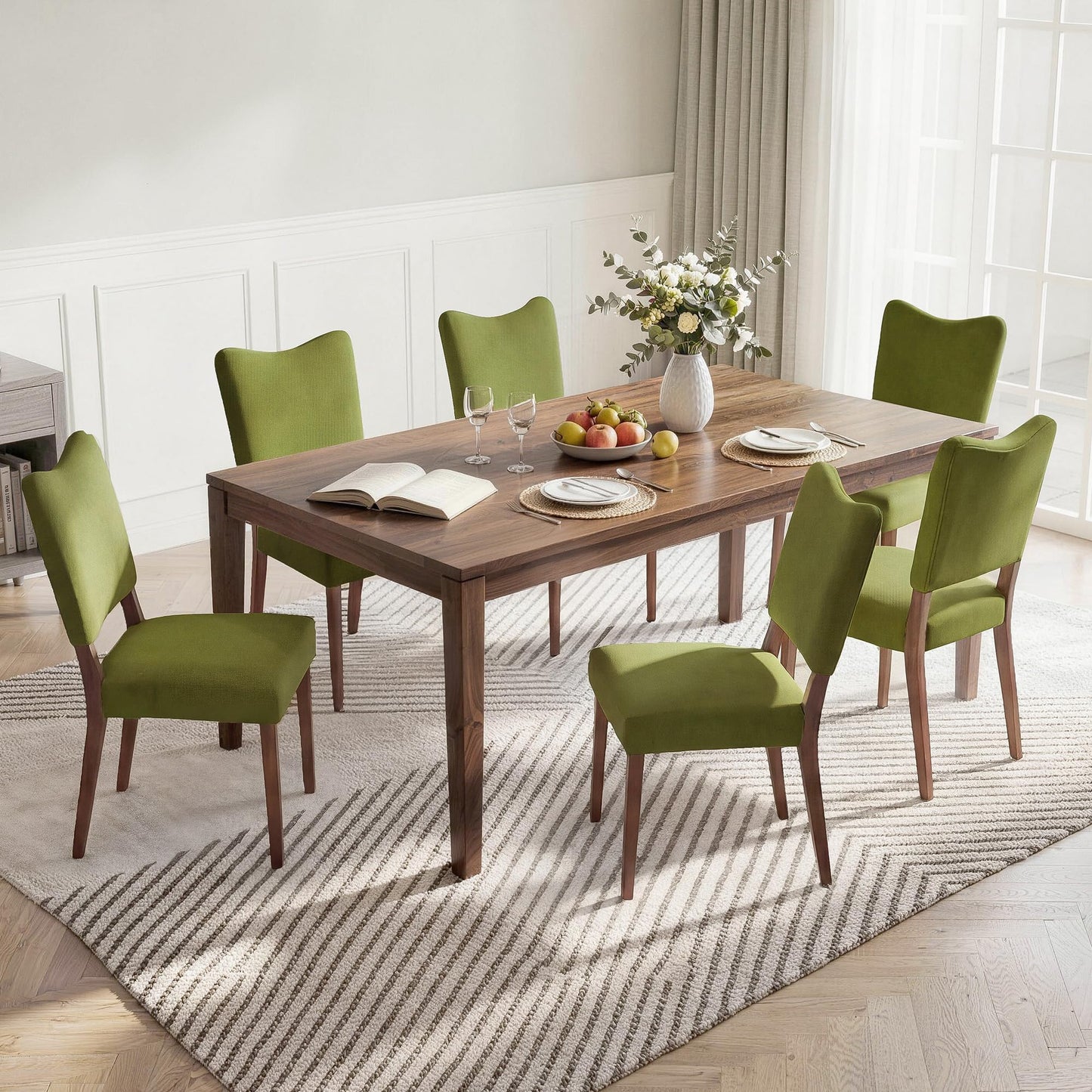 KISLOT Upholstered Dining Chairs Set of 4, Modern Velvet Kitchen Chairs with Solid Wood Legs, High Back Wooden Dining Room Chairs with Dark Walnut Color Legs for Farmhouse Kitchen Dining Room, Green
