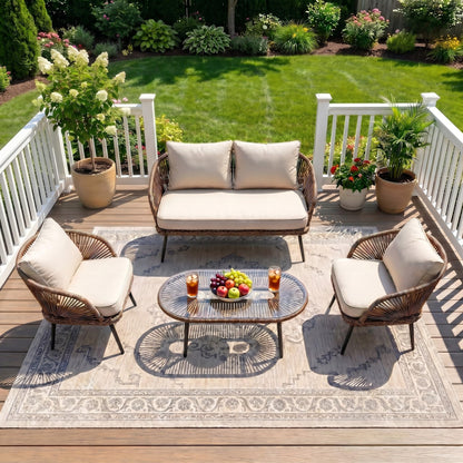 LITTLE TREE Wicker Patio Furniture Set with Coffee Table, 4 Piece Patio Sectional Furniture Set with Removable Cushions, Outdoor Conversation Set for Backyard, Garden, Porch, Balcony, Easy Assembly