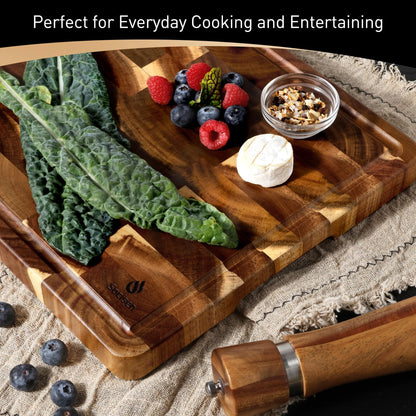 End Grain Cutting Board for Kitchen with Non-slip Feet, Acacia Wood Heavy Duty Checkered Cutting Board Upgraded Chopping Board with Juice Groove & Handle Large Wooden Butcher Block with Gift Box