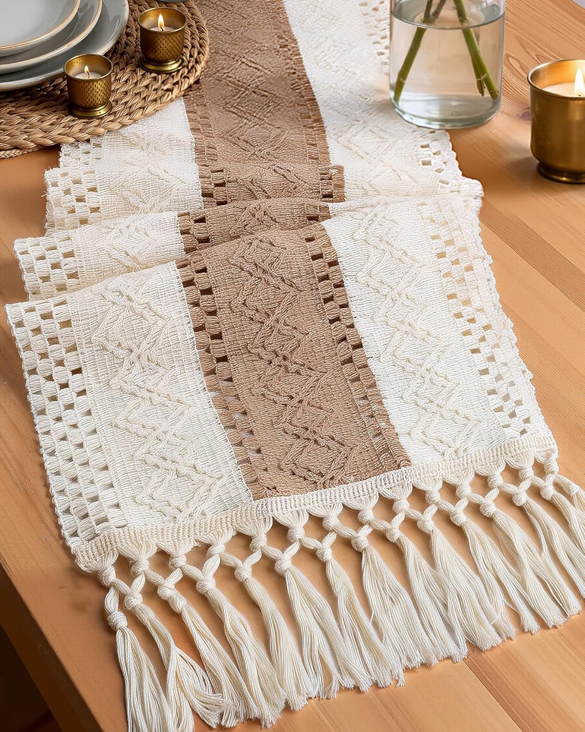 72 Inches, 12 72 Inch, Pureegg Farmhouse Boho Table Runner - Linen-Textured Woven Tassel Design for Dining Table Decor