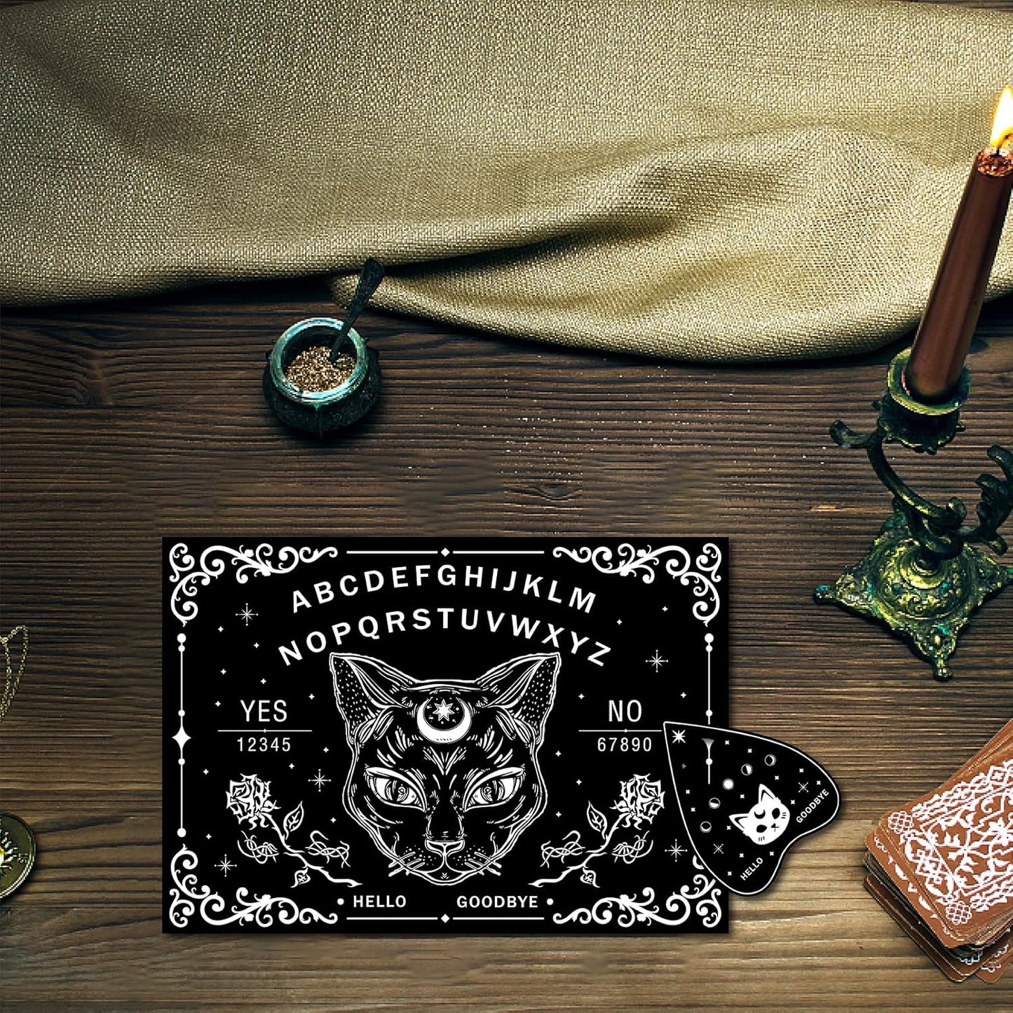 CREATCABIN Black Cat Wood Spirit Board, Talking Boards with Planchette, Wooden Dowsing Divination Kit for Wicca