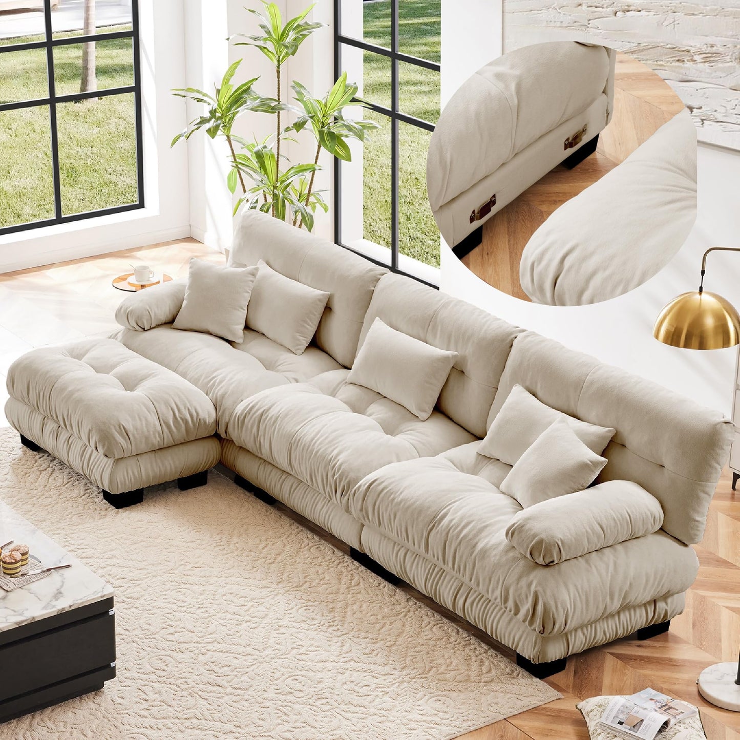 KEIKI 133" Sectional Sofa with Removable Ottoman, 4 Seat L Shaped Sleeper Cloud Couch Set, Comfy Chenille Upholstered Modular SofaBed for Apartment Living Room, Throw Pillows, Light Coffee