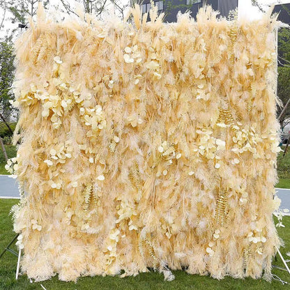 JIIPOREGJ Artificial Flower Wall Decor Beige Rime Artificial Flower Wall Mat Silk Rime Floral Panel for Photo Background Home Party Wedding Backdrop Decoration,1M