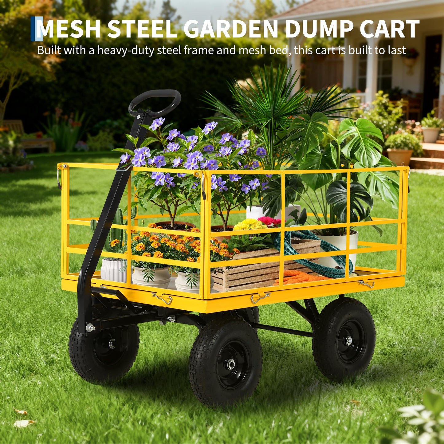 Patikuin 1500 lbs Heavy Duty Steel Garden Cart – 4-in-1 Utility Wagon – Removable Mesh Sides – 13-Inch All-Terrain Wheels – Quick Dump – Outdoor Yard Wagon for Tools, Soil, Plants – Yellow
