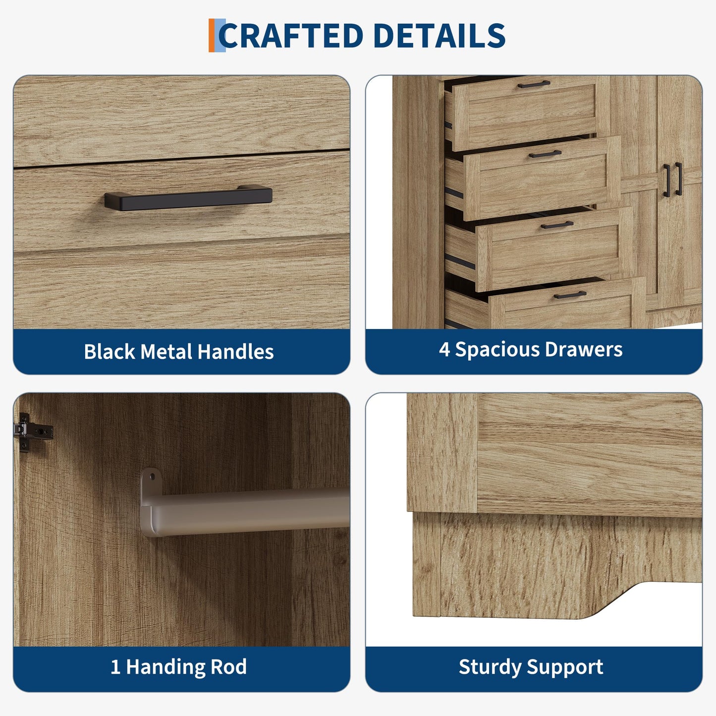 IDEALHOUSE 43.3'' H Armoire Wardrobe Closet with 4 Drawers and 2 Doors, Hanging Rod, Multifunctional Wooden Dresser with Storage Closet, Bathroom Cabinet for Bedroom, Natural Oak