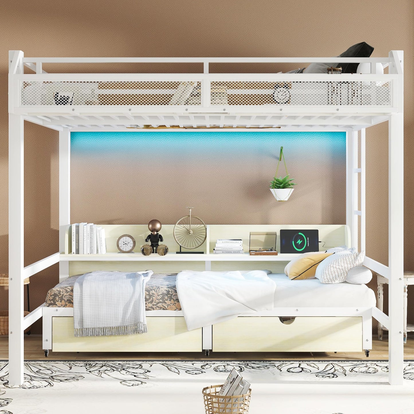 Bellemave Queen Over Queen Metal Bunk Bed with Storage Drawers and Shelves, Heavy Duty Bunk Beds with LED Lights and Charging Station for Kids,Adults,Convertible into a Sofa Bed,White