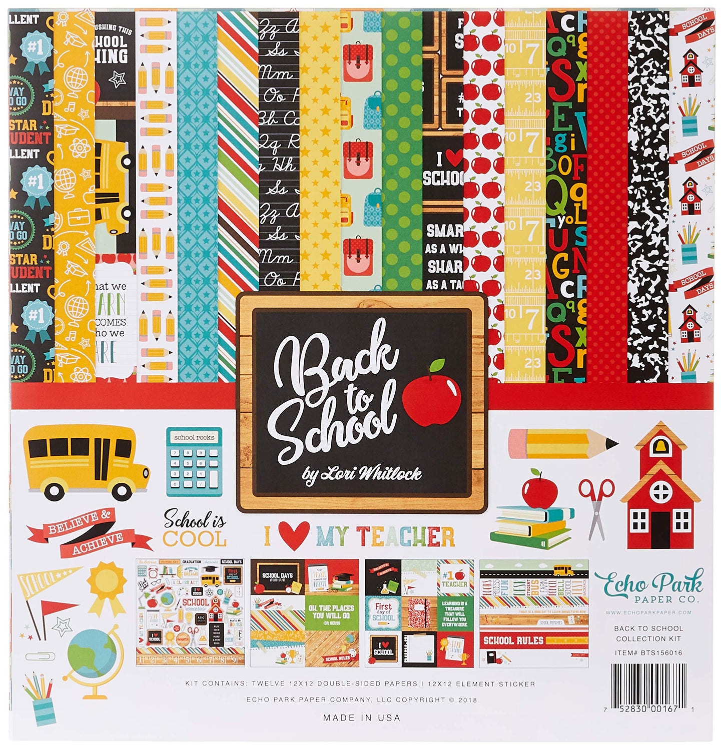 Echo Park Paper Company Back to School Collection Kit paper, 2-x-2, Blue/Black/Red/Green/Yellow, 12-x-12"