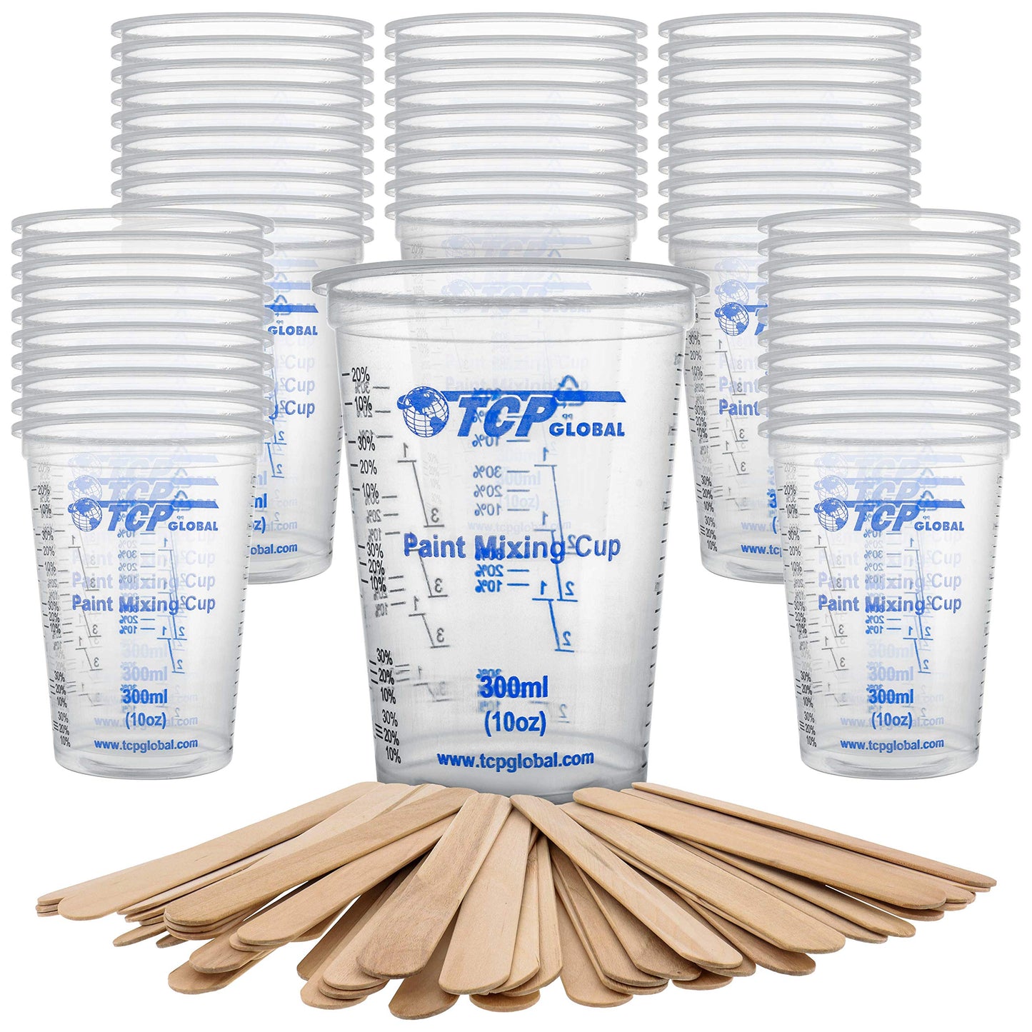 TCP Global 10 oz. (300ml) Graduated Plastic Mixing Cups - Box of 50 with 50 Mixing Sticks - Disposable Plastic Measuring Cups for Liquids, Paints, Resin, Epoxy, Art, Kitchen - Ratios 2-1, 3-1, 4-1 ML