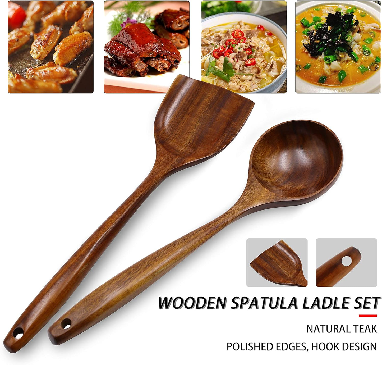 FJNATINH Wooden Wok Spatula Ladle Tool Set, 14-inch Long Handle Teak Spatula