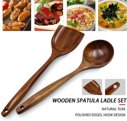 FJNATINH Wooden Wok Spatula Ladle Tool Set, 14-inch Long Handle Teak Spatula