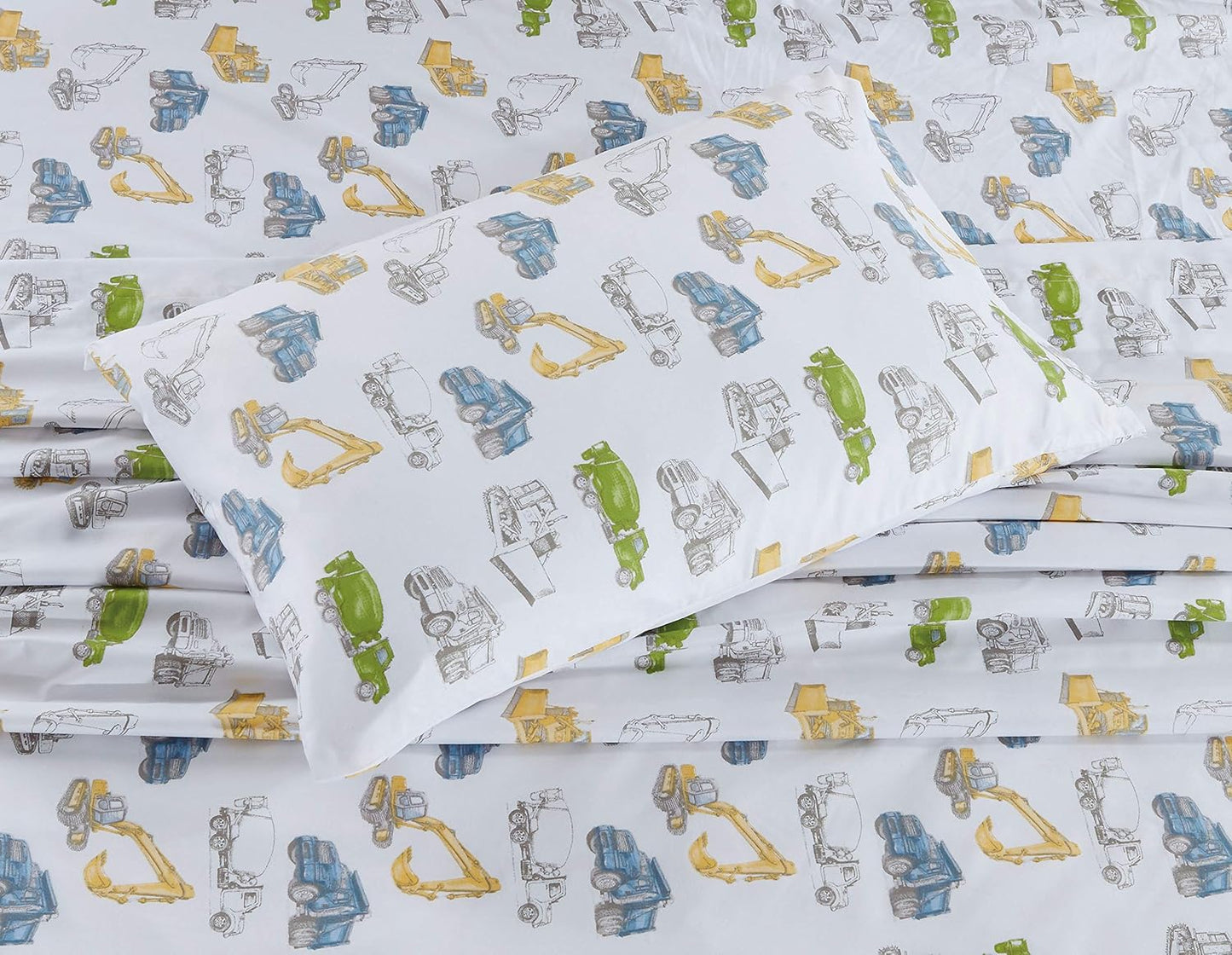 Linen Plus Set Bulldozer Sheet Kids/Teen Excavator Cement Dump Construction Vehicles White Green Yellow Blue New #