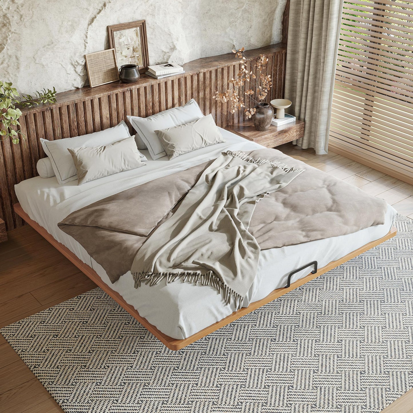KEIKI King Size Bamboo Platform Bed, Mid-Century Modern Style Floating Bed Frame with Wooden Solid Support Slats, No Box Spring Needed, Easy Assembly, Noise Free, for Bedroom, Guest Rooms, Natural