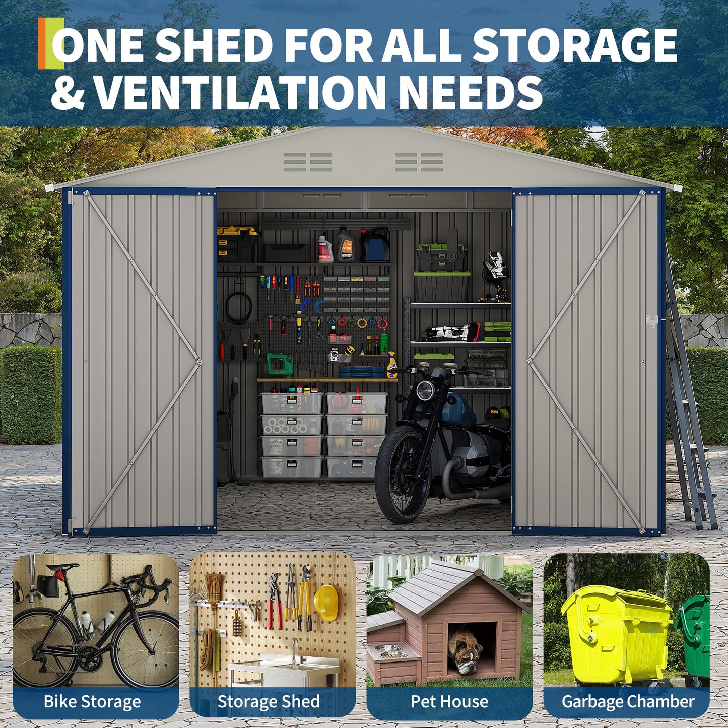 Garvee 10 X 10 FT Outdoor Storage Shed,Metal Garden Sheds&Outdoor Storage Clearance, Large Outdoor Storage Shed for Tools, Lawn Equipment, Garden Supplies - All Weather Lockable Metal Shed