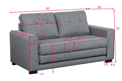 Container Furniture Direct Linen 58" Wide Linen Square Arm Fold Out Loveseat Sofa Bed, Light Grey