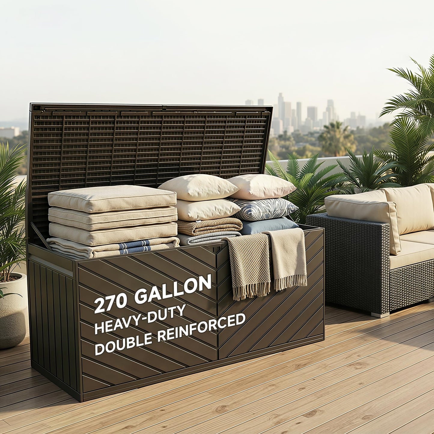 Ortus Collective 270 Gallon Deck Box, Waterproof Resin with Double-Layer & Lockable Lid, UV Protection for Pool, Patio and Garden Storage, Brown