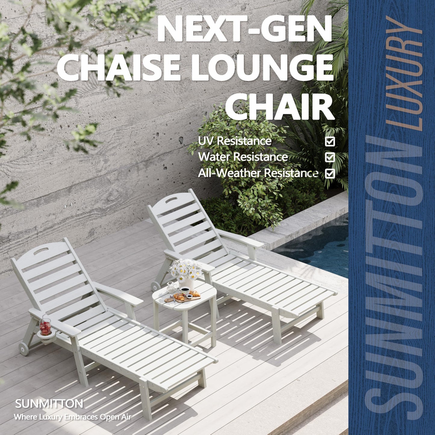 Patio Chaise Lounge Chair Set of 2, HDPE Outdoor Lounge Chairs with 5-Position Adjustable Backrest, Cup Holder and Wheels, 450lbs Capacity for Poolside Deck Backyard, All Weather Material(Gray)