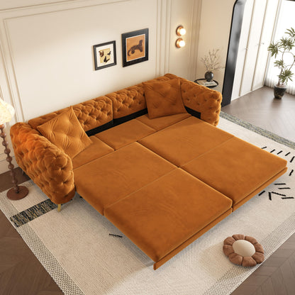 KEIKI 97.7" Convertible Sleeper Sofa Bed, 3 in 1 Pull Out Sofa Bed, 4-Seater Button Tufted Couch with Movable Ottoman for Living Room, Bedroom, Apartment, Orange
