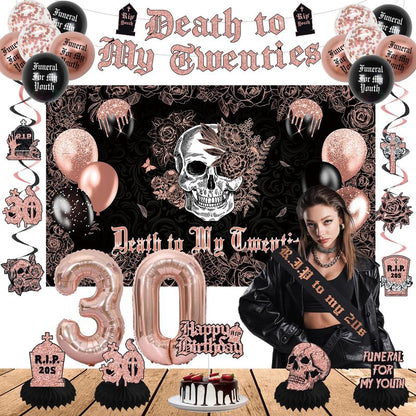 Crenics Rose Gold and Black Death to My 20s Decorations - Death to My Twenties Backdrop, Banner, Honeycomb, Sash, Hanging Swirls, Cake Topper and Balloons for 30th Birthday Party Decorations for Her
