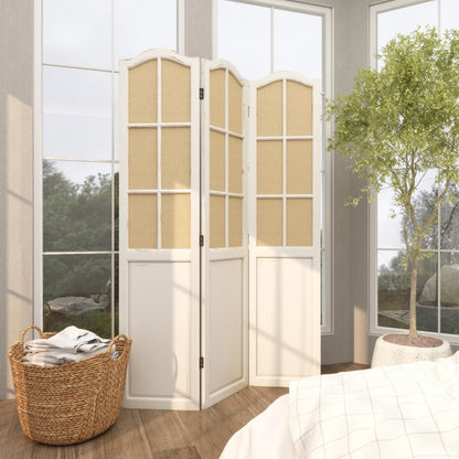 Deco 79 Wood Partition Room Divider Screen Hinged Foldable Partition 3 Panel Privacy Screen with Burlap Window Pane Design, Room Partition 48" x 1" x 71", Beige