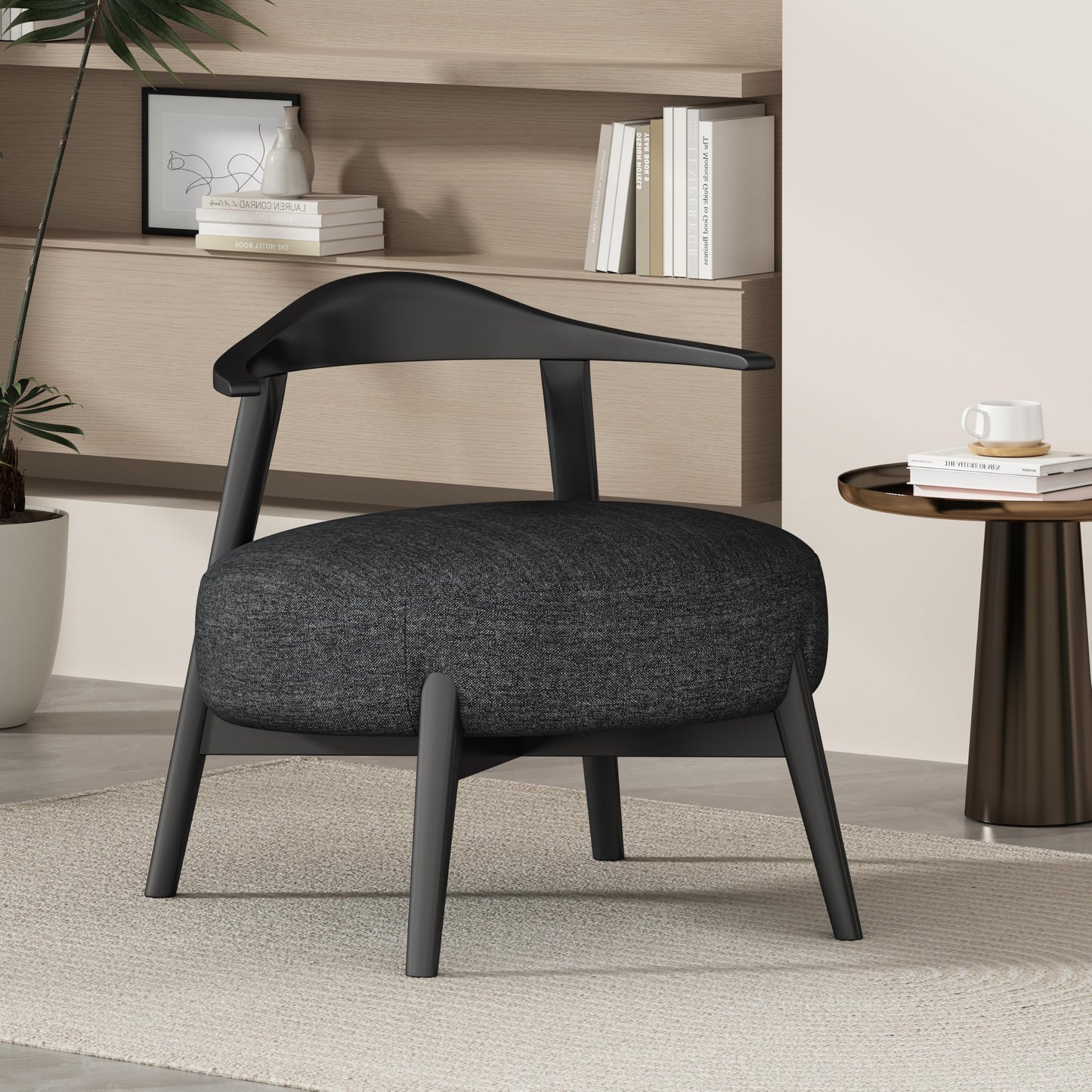 Merax Low-Back Accent Chair Mid Century Modern Upholstered Chair with Curved Backrest for Living Room Bedroom, Boucle Fabric, Birch Wood, Supports 300lbs, Black