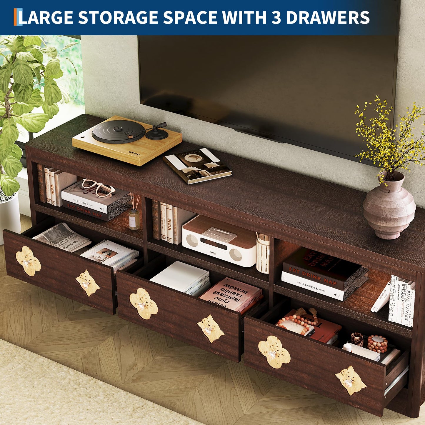 GAOMON Farmhouse 70 Inch TV Stand for TVs Up to 85", Mid Century Modern Entertainment Center with Storage Carved Drawer and Open Shelves, TV Console for Living Room (Brown)