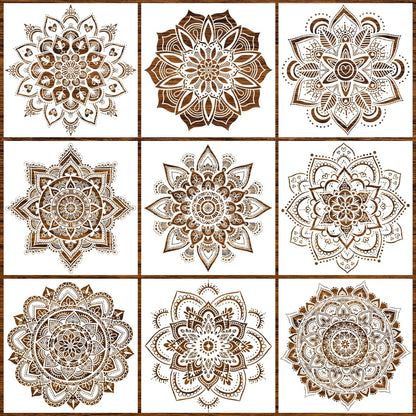 9-Piece Mandala Stencil Set - Reusable Mandala Painting Templates for DIY Wall, Tile, Furniture, Canva, Outdoor & Indoor Decoration