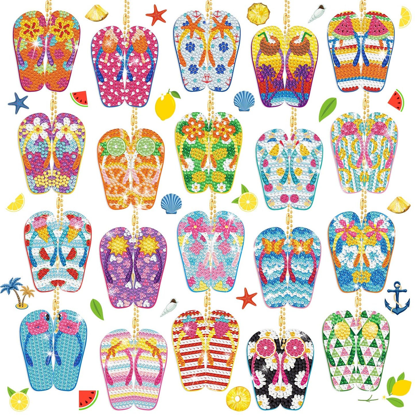 Karenhi 20 Pcs Flip Flop Diamond Painting Keychains Summer Art Keychains Diamond Painting Ornaments DIY Key Ring Kits for Adults Beginners Beach Party Supplies Decor