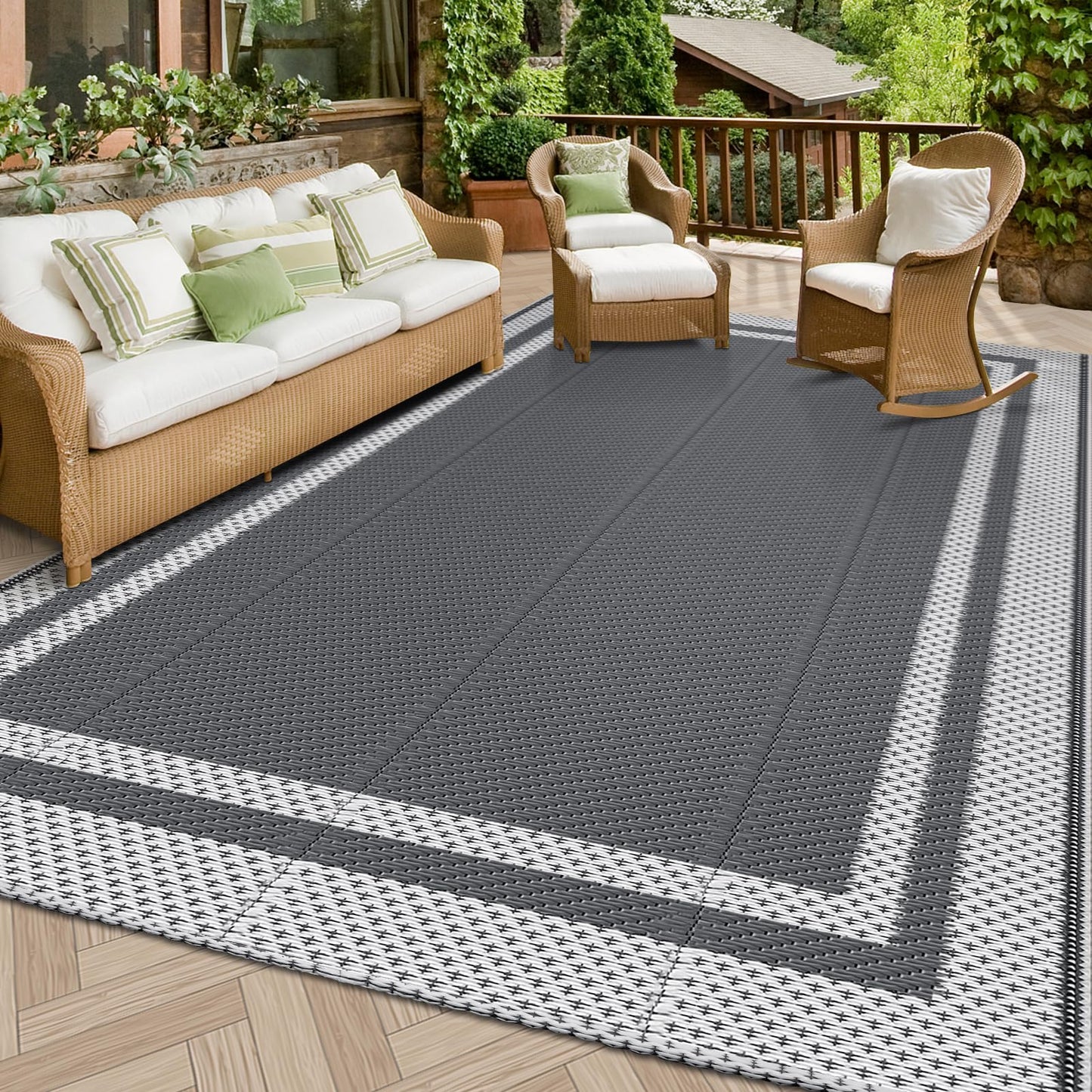 HappyTrends Outdoor Rug Reversible Portable Plastic Straw Camping Rugs for Outside RV,Large Waterproof Outdoor Area Rugs for Patio,Deck,Porch,Balcony(5'x 8',White&Gray)