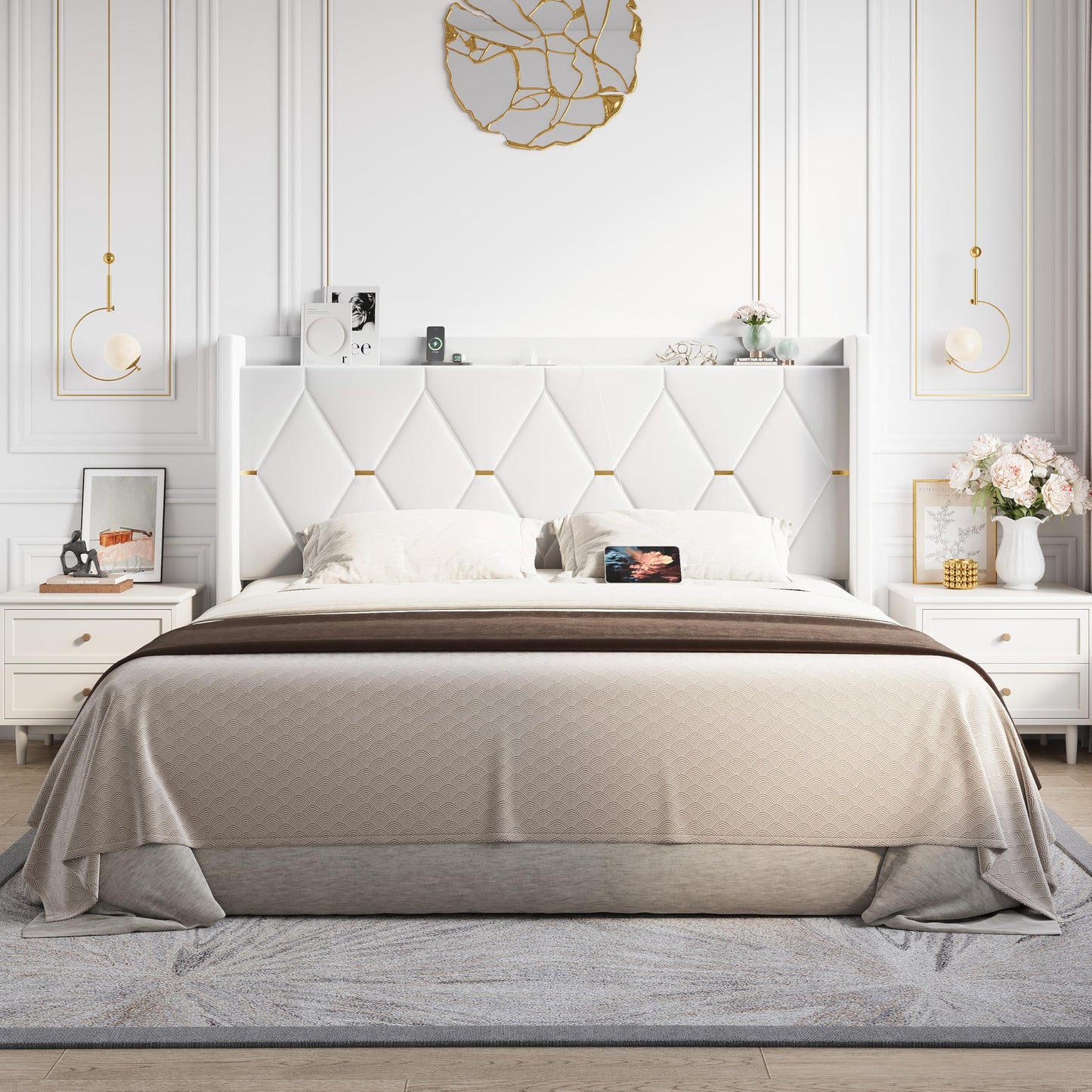 Allewie Velvet King Size Upholstered Bed Frame with Wingback Storage Headboard & Charging Station, Platform Bed with Diamond Tufted Design & Gold Trim, No Box Spring Needed, Easy Assembly, White