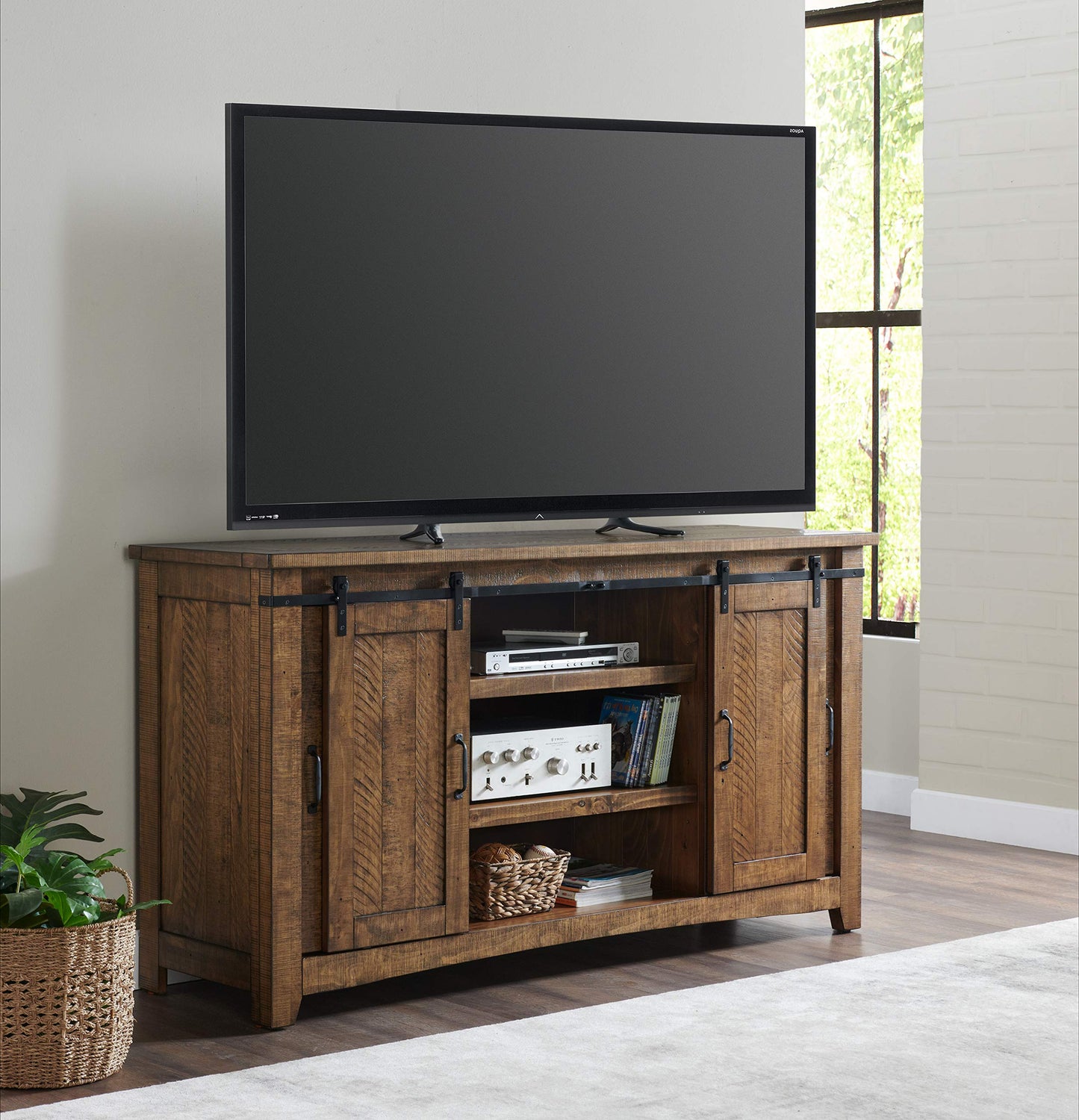 Martin Svensson Home 65" Solid Pine Wood Entertainment Center with Storage. Rustic TV Stand for TVs up to 70." Sliding Doors, Adjustable Shelves & Cable Management – Natural Finish