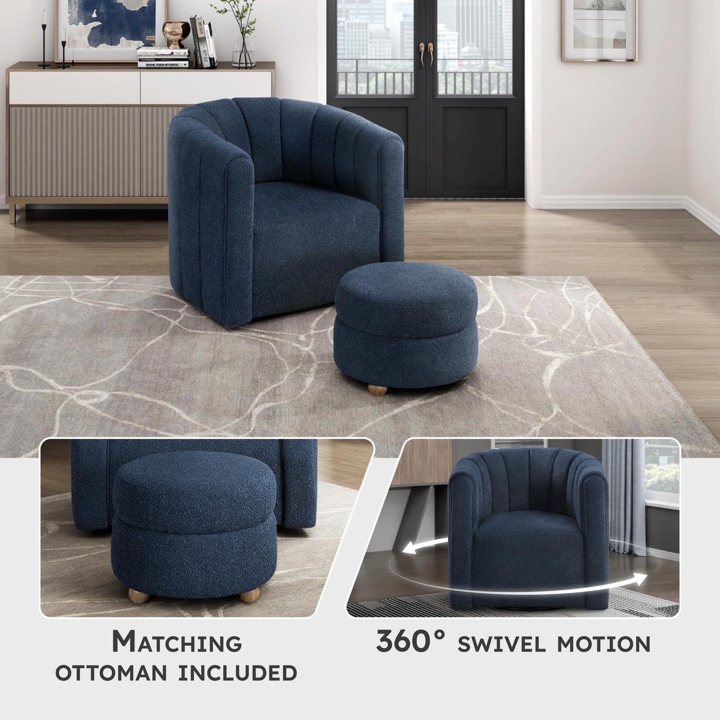 Lexicon Swivel Accent Chair with Ottoman, Boucle Fabric Upholstered 360 Degree Swivel Single Sofa Chair with Ottoman Set for Living Room/Office/Apartment, Blue