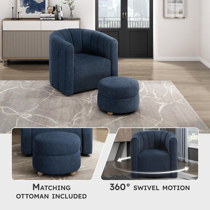 Lexicon Swivel Accent Chair with Ottoman, Boucle Fabric Upholstered 360 Degree Swivel Single Sofa Chair with Ottoman Set for Living Room/Office/Apartment, Blue