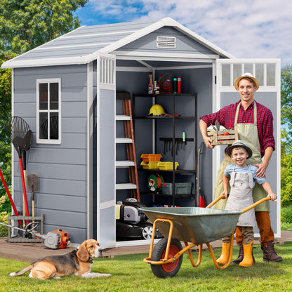 DWVO 6x4.4 FT Resin Storage Shed with Fence-Style and Side Windows, Lockable Door, and Vents for Garden, Backyard, Patio, Lawn, Gray