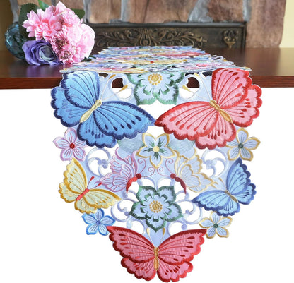 Easter Table Runner, Spring Embroidered Butterfly Applique Floral Cutwork, 13"×68"